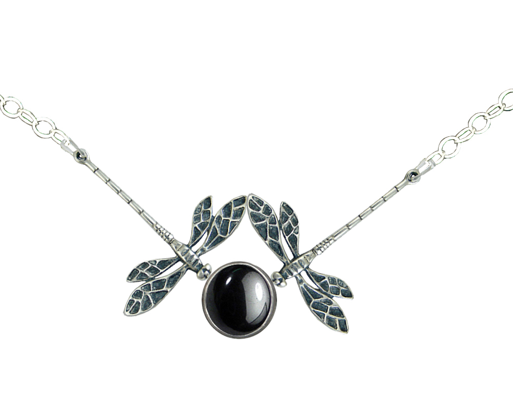Sterling Silver Double Dragonfly Necklace With Hematite